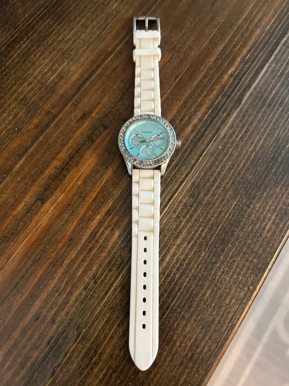 Fossil Turquoise Crystal-Bezel Silicone Strap Watch